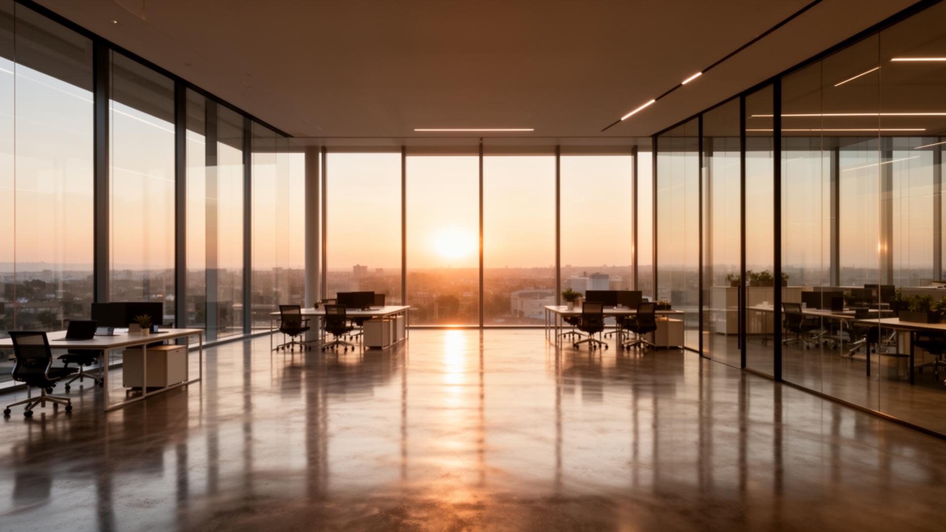 Modern open-plan office at sunrise