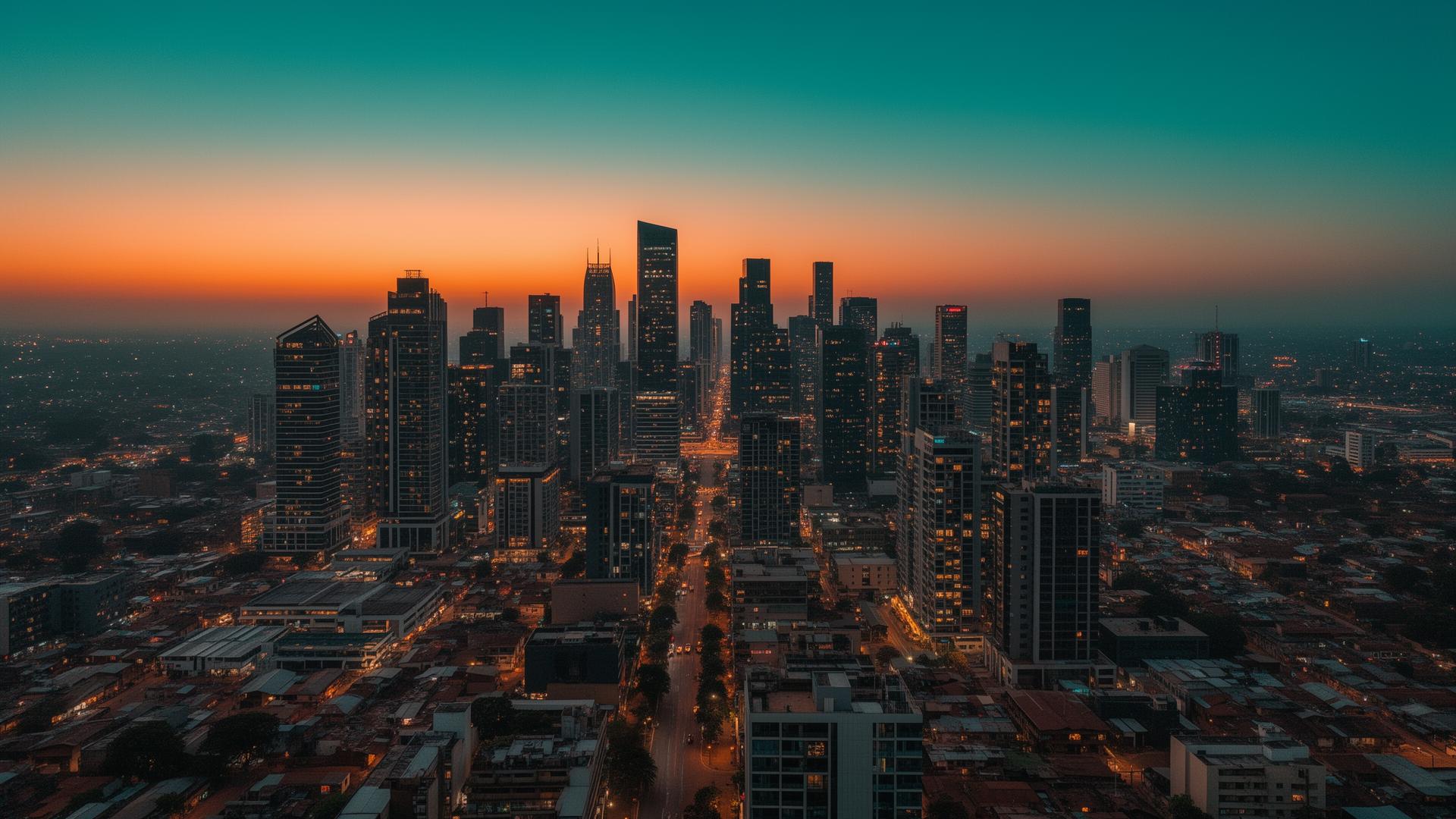 Aerial view of a modern city skyline at dusk